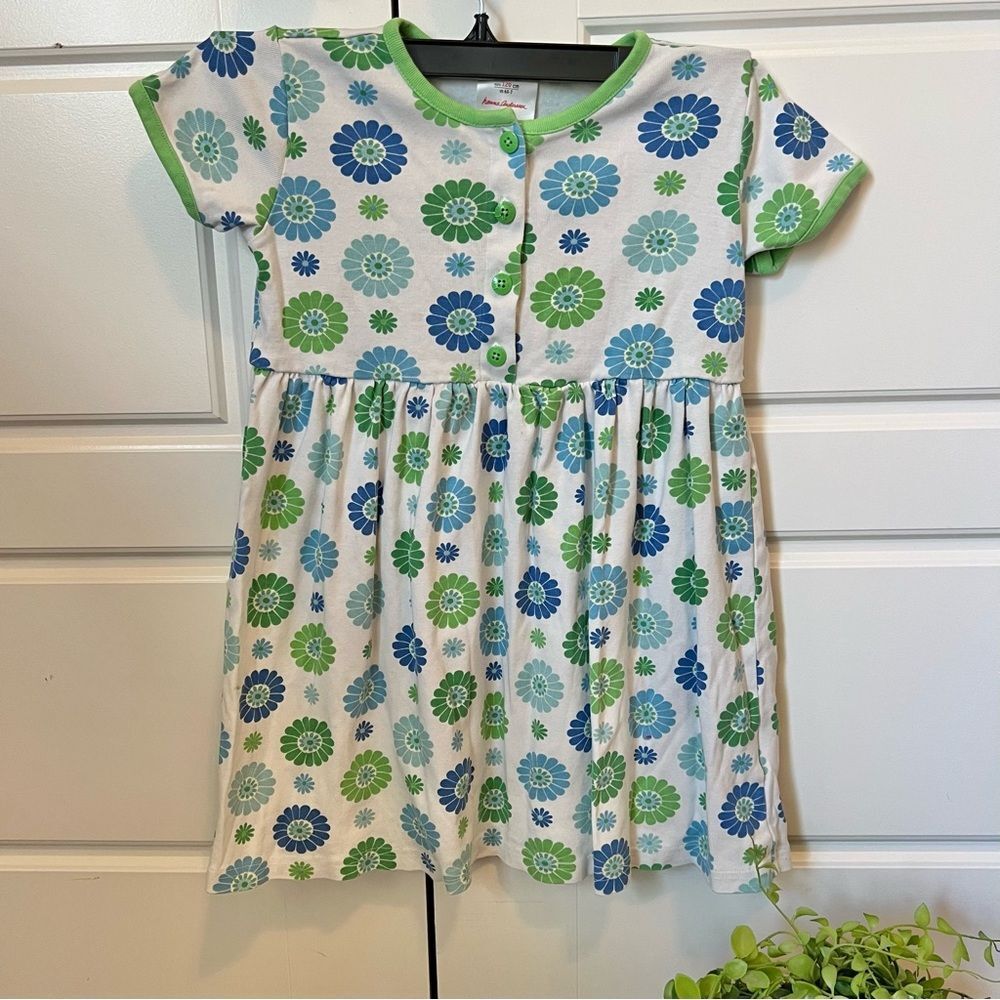 Hanna Andersson Green Blue White Flower Power Daisy Cotton Dress Sz 120cm 6X-7
